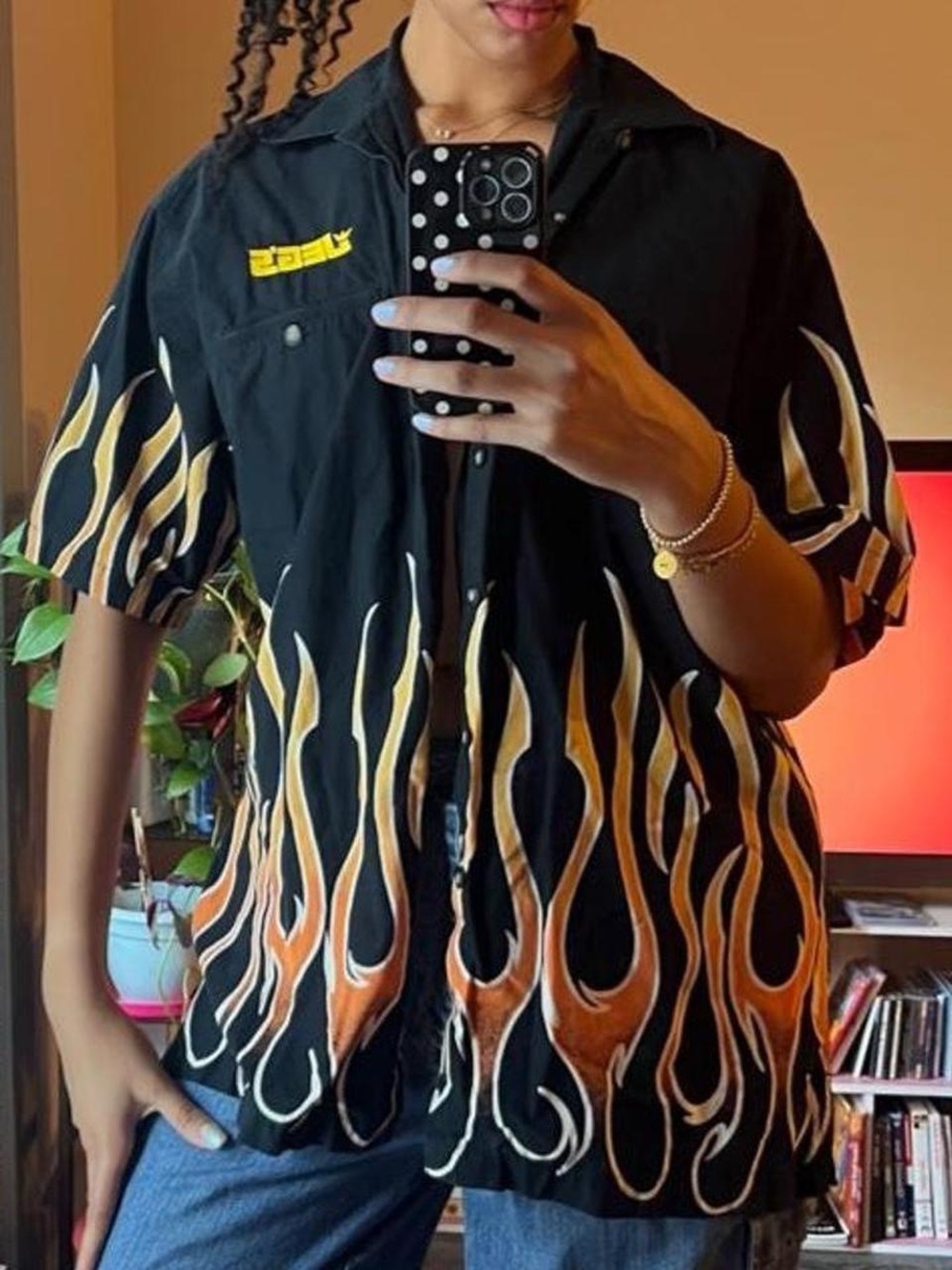 vintage black flame print button up bowling shirt, 100% cotton